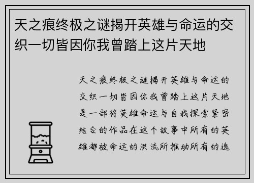 天之痕终极之谜揭开英雄与命运的交织一切皆因你我曾踏上这片天地